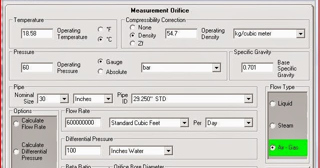 Flow calculation software orifice plate flow meter